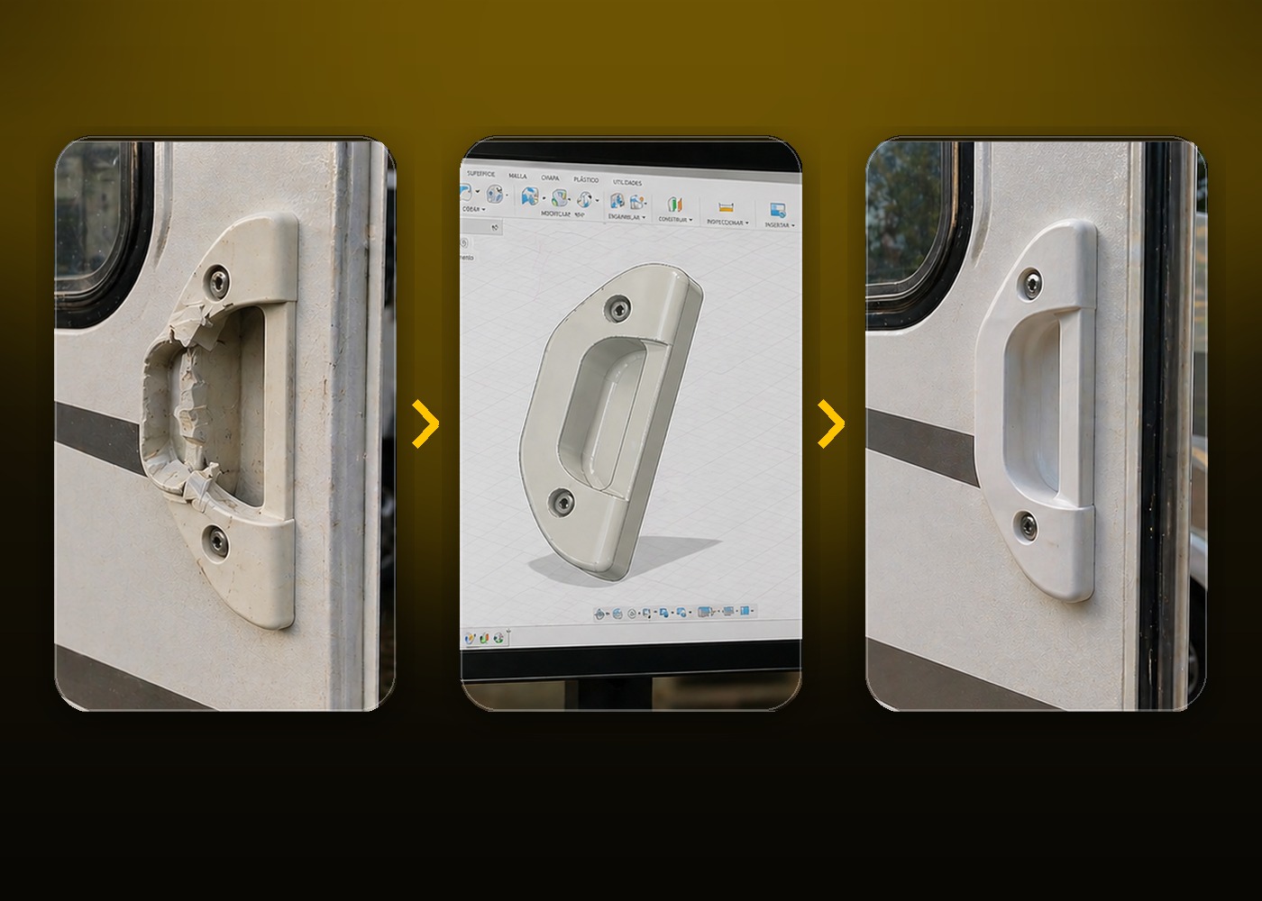 Proceso real: pieza rota, diseño CAD y pieza instalada